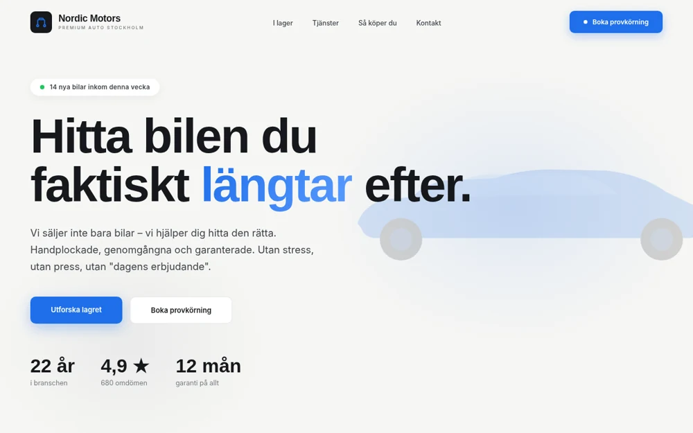 Förhandsbild av Nordic Motors, fiktiv demonstrationswebbplats