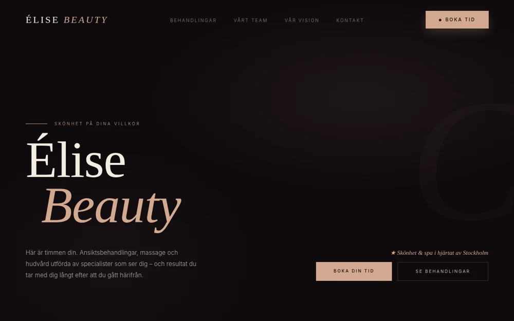 Förhandsbild av Élise Beauty, fiktiv demonstrationswebbplats